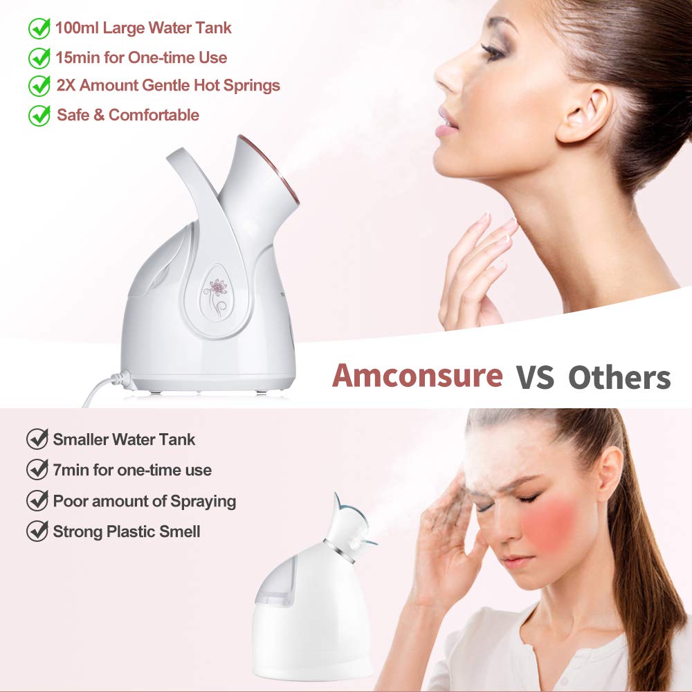 Amconsure Facial Steamer - Nano Ionic Face Steamer Warm Mist Steamer for Face Home Sauna SPA, Face Humidifier Steamer for Facial Deep Cleaning Unclogs Pores Sinuses - 5 Piece Stainless Steel Skin Kit