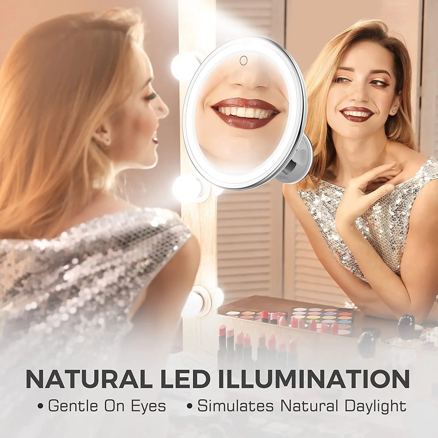 Portable Makeup Mirror with 10X Magnification, LED Lighting and Touch Screen