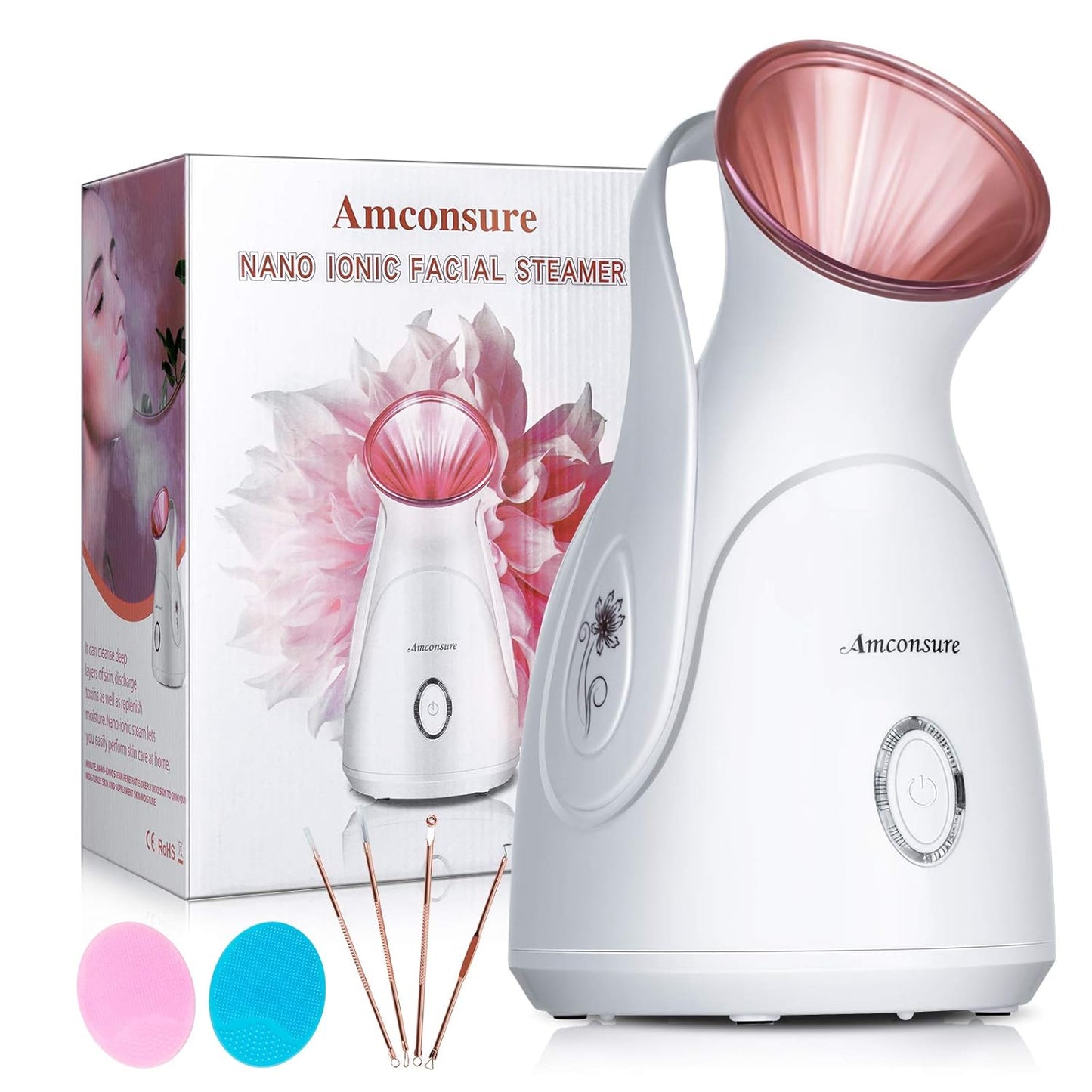 Amconsure Facial Steamer - Nano Ionic Face Steamer Warm Mist Steamer for Face Home Sauna SPA, Face Humidifier Steamer for Facial Deep Cleaning Unclogs Pores Sinuses - 5 Piece Stainless Steel Skin Kit