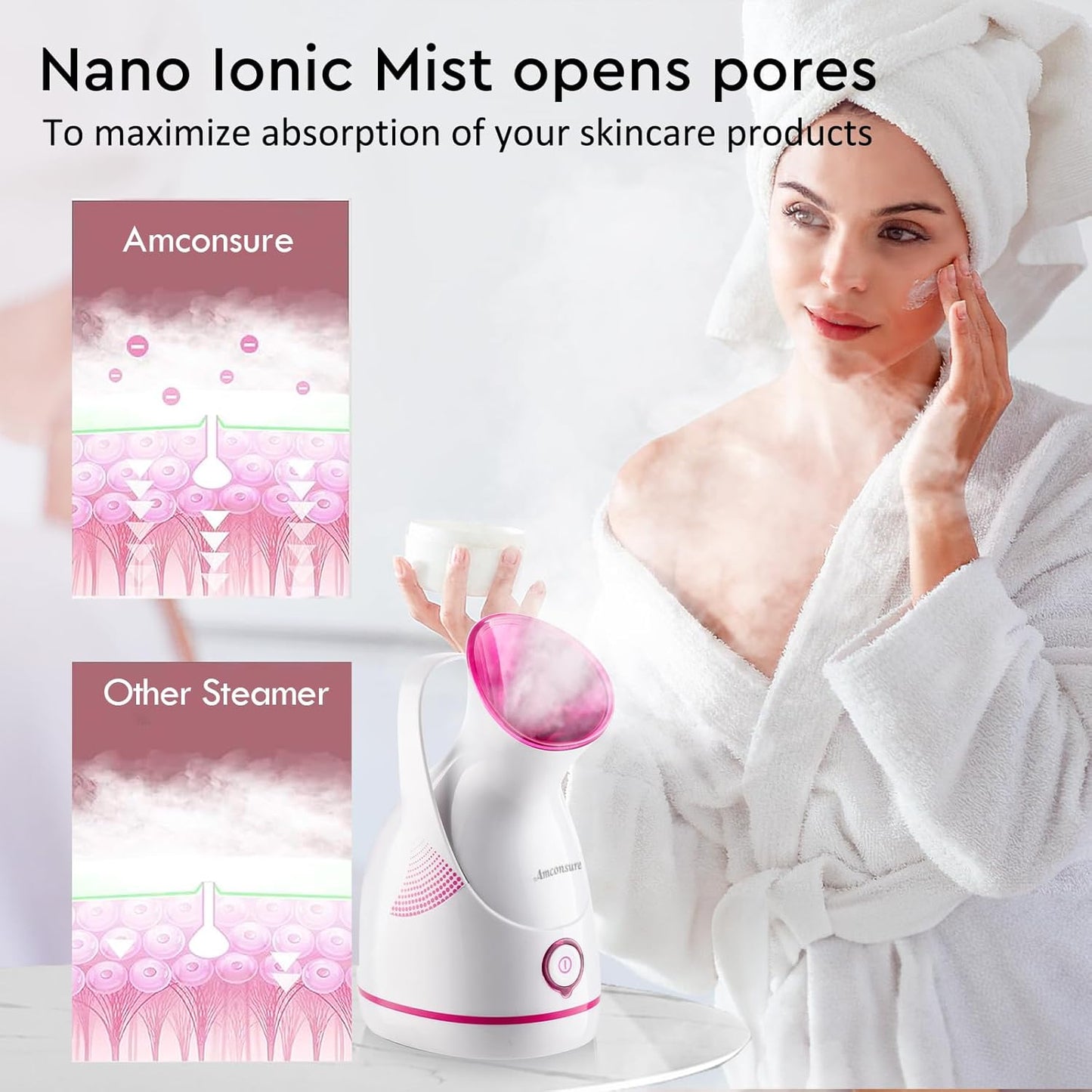 Amconsure Facial Steamer - Nano Ionic Face Steamer Warm Mist Steamer for Face Home Sauna SPA, Face Humidifier Steamer for Facial Deep Cleaning Unclogs Pores Sinuses - 5 Piece Stainless Steel Skin Kit